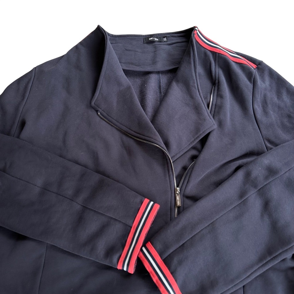 SAINTโ + SOFIA Navy Moto Biker Jacket Asymmetrical Women's Sz 16/18 Organic